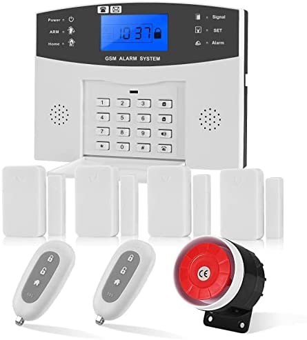 Alarmas para Casa, 9-Pieza Kit gsm Sistema de Alarma para Casa, Inalámbrico Control Remoto por Call/SMS con 120DB Sirena de Alarma, Sensor de Puerta para Casa/Tienda/Oficina (Accesorios ampliables)