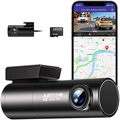 AZDOME 4K Dash CAM Front and Rear, Built in WiFi GPS Dual Dashcams for Cars, Voice Control Car Camera with UHD 2160P, Night Vision, WDR, G-Sensor, Parking Monitor, 64GB SD Card Included (M300S)