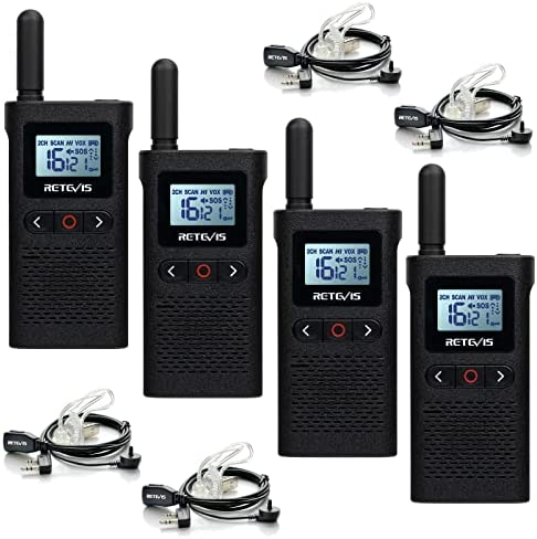 Retevis RB628 Walkie Talkie, PMR446 Profesional Walkie Talkie Recargable 1500mAh, 16 Canales, VOX, Pantalla LCD, Mini Walkie Profesionales con Auriculares para Restaurante, Regalo (4 Piezas, Negro)