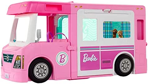 ​Barbie 3-in-1 DreamCamper Vehicle, approx. 3-ft, Transforming Camper with Pool, Truck, Boat and 60 Accessories, Makes a Great Gift for 3 to 7 Year Olds, GHL93