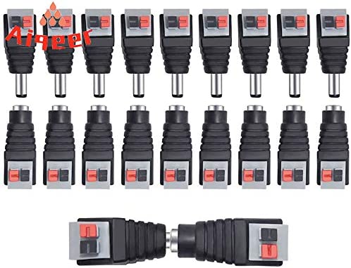 Aiqeer 10 Pares 12V / 24V DC Conector Macho Hembra Adaptador Set, 2.1 X 5.5 mm DC Alimentación Conector Enchufe Jack, Conector Terminal de Tipo de Prensa DC, para Cámara CCTV (Gris Negro)