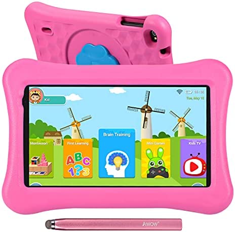 AWOW Tablet para niños de 10.1 Pulgadas Tablet Infantil, Android 10 Go Quad Core, 32GB ROM, iWawa Preinstalado, con Kid-Proof Funda y Lápiz Táctil, Control Parental, Doble Cámara, Rosa