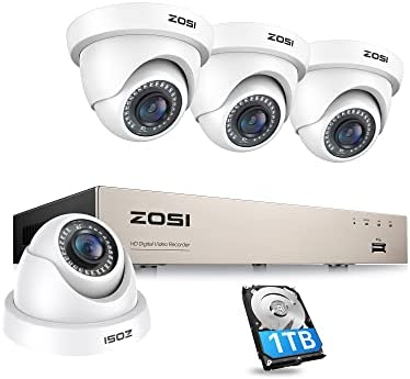 ZOSI Sistema de Cámara de Vigilancia 8CH H.265+ 1080P Grabador DVR con (4) 2MP Cámara de Seguridad Exterior Domo, Acceso Remoto, Detección de Movimiento, 1TB Disco Duro
