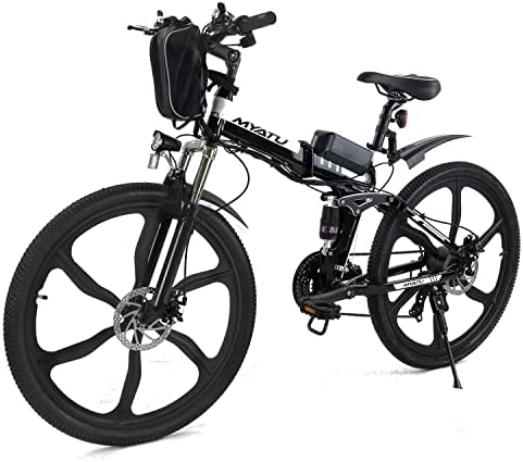 Myatu Bicicleta Eléctrica Plegable 26", Bici Electrica Negra con Batería Extraíble de 36V 10.4Ah, E-Bike con Motor de 250W Cambio de 21 velocidades Shimano