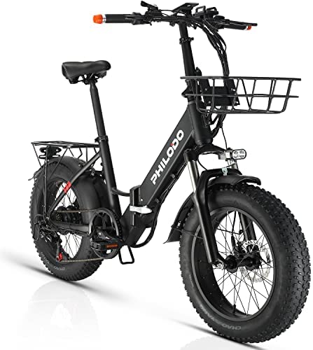 PHILODO Bicicletas eléctricas, E-Bike Bicicleta Plegable 250W Motor Trasero 20 * 4.0"Fat Tire City Bikes 48V 13Ah Batería de Litio Frenos de Disco hidráulicos con Cesta Delantera para Bicicleta