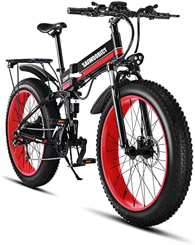 通用 Bicicleta eléctrica Plegable SAIWOO de 26 Pulgadas, Moto de Nieve con neumáticos Anchos 4.0, Bicicleta de montaña, EquiPada con batería de Litio extraíble Shimano de 7 velocidades, 48V12.8Ah, rojo