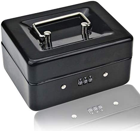 Caja pequeña con cerradura de combinación – Caja de metal duradera con bandeja de dinero caja de almacenamiento de bloqueo 15 × 12 × 8 cm (negro, pequeño)