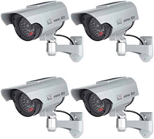 nonmon Juego de 4 Cámara Falsa Dummy Cámara con Energía Solar de Seguridad LED Parpadeante Sistema de Vigilancia Cámara Simulada CCTV - Plata