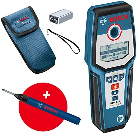 Bosch Professional Detector de pared GMS 120 (marcador de agujeros, detección máx. en madera/metal magnético/metal no magnético/cables con tensión: 38/120/80/50 mm) - Amazon Exclusive Set