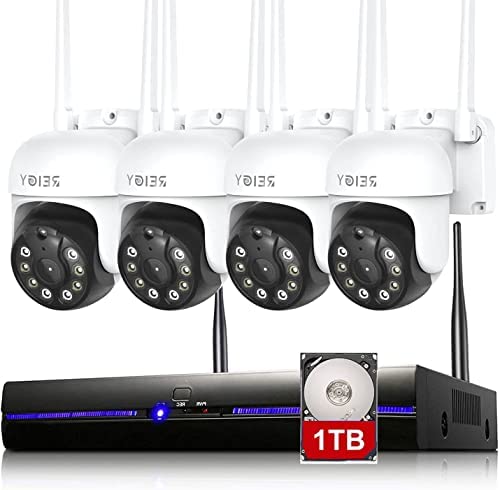 3MP Kit Camara de Vigilancia WiFi Exterior PTZ con Audio Bidireccional, REIGY 1296P Sistema de Seguridad IP Interior, 4X Camara IP y 8CH NVR, Visión Nocturna Detección Movimiento 1TB HDD
