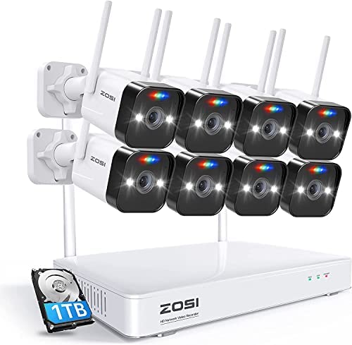 ZOSI Kit de Cámara de Vigilancia WiFi 2K 8CH Grabador NVR Inalámbrico y 8pcs 3MP Cámara de Seguridad con Audio Bidireccional, Alarma de Detección Humana, Visión Nocturna en Color, 1TB HDD Incluido