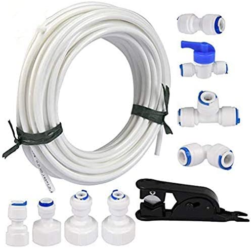 Queta 20m 1/4" tubo de agua y Equipo de Conector, 10pzs RO Osmosis Inversa Sistema de Filtro Paquete para refrigerador etc; (Tubos+Válvula de bola+Conector rápido+20m Tubo 6.35mm+Cortador tubos)