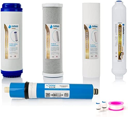 Kit de 4 Filtros para Osmosis Inversa Estándar - Incluye Membrana Vontron 75GDP para Equipo de 5 Etapas Universal, Conectores y Rollo Teflon - Nature Water Professionals