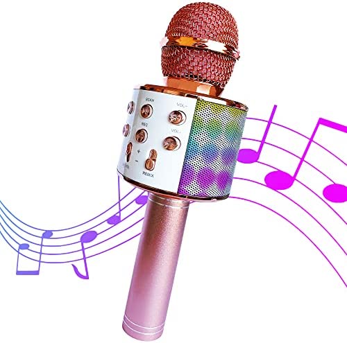 Micrófono Inalámbrico con Bluetooth - Karaoke Portátil USB - con Luces Led para Niños y Adultos - Compatible con iOS y Android. Función de Altavoz Bluetooth. Color Oro Rosa.