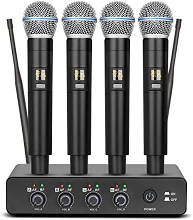 Depusheng R4 micrófono inalámbrico karaoke UHF Cuerpo de metal profesional de 4 canales sistema de micrófono portátil inalámbrico, adecuado para el hogar KTV, iglesia, rendimiento