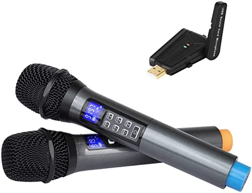 Depusheng W4 Micrófono inalámbrico USB con eco, agudos, graves, rango de 98 pies, micrófono dinámico de mano dual portátil UHF para fiestas, discursos, enseñanza en línea