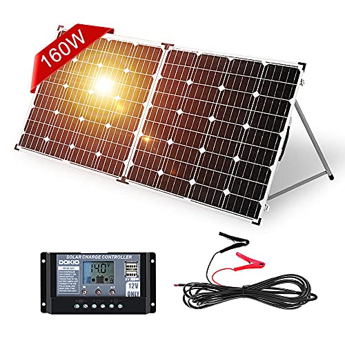 DOKIO Panel Solar Plegable Portátil 160W 18V Monocristalino con regulador de carga solar (2 puertos USB) + bolsa de transporte, para batería de 12V