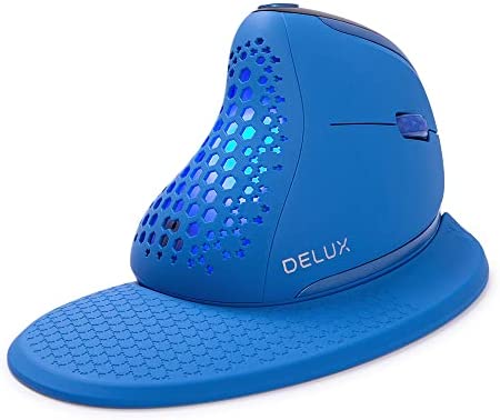 DeLux Seeker Raton Ergonómico Vertical Inalámbrico con Pantalla OLED, 4000 dpi, BT5.0 y 2.4G (3 Modos), Rueda de Pulgar, Recargable, luz RGB con Sensor Inteligente, Cubierta Trasera Magnética (Azul)