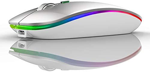 Uiosmuph G12 Ratón Inalámbrico Recargable, Receptor Nano Wireless Mouse 1600 dpi Ajustables Silencioso Mini Mouse Multicolor LED para Computadora Portátil, PC, Portátil, Macbook (Plata)