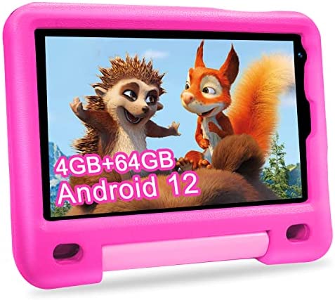 Tablet 8 Pulgadas Android 12, 4 GB RAM + 64 GB ROM, 128 GB Ampliable, Quad-Core, Display HD, 4000 mAh, Doble Cámara, WiFi, Sistema Infantil, Play Store, Educativo Tablet con Kid-Proof Funda - Rosa