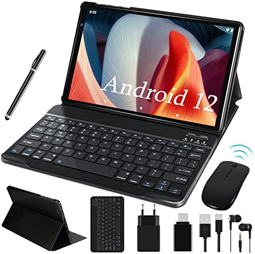 FACETEL 2023 Tablet 10 Pulgadas Android 12 OS, Tableta Octa-Core 4GB RAM 64GB ROM(128GB TF), 5G + 2.4G WiFi | 5MP+8MP | Pantalla HD IPS | 8000mAh | Bluetooth | Teclado+Ratón - Cuerpo de Metal Negro