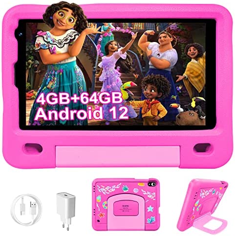 OUZRS Tablet para Niños Android 12, Tablet 8 Pulgadas 4GB RAM 64GB ROM/TF 128GB, Control Parental, Kids Educativos, Tablet Infantil WiFi 4000mAh, Dual Cámara, Tablet Baratas y Buenas con Funda(Rosa)
