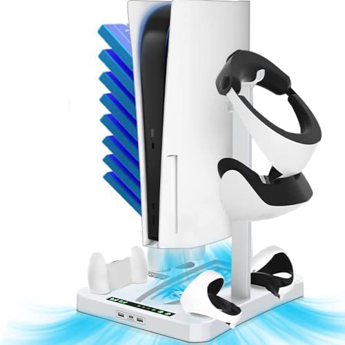 Estación de Carga para PS5 y PS VR2 Cargador Mando, Soporte y Charging Station con Ventilador de Enfriamiento, Soporte para Auriculares Realidad Virtual con Cable de Carga